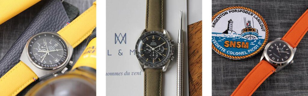 Yellow, vintage green and orange watch straps by Avel and Men